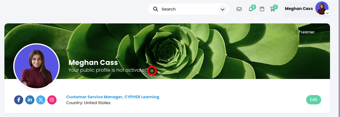 User profile with the Your public profile is not activated cog highlighted