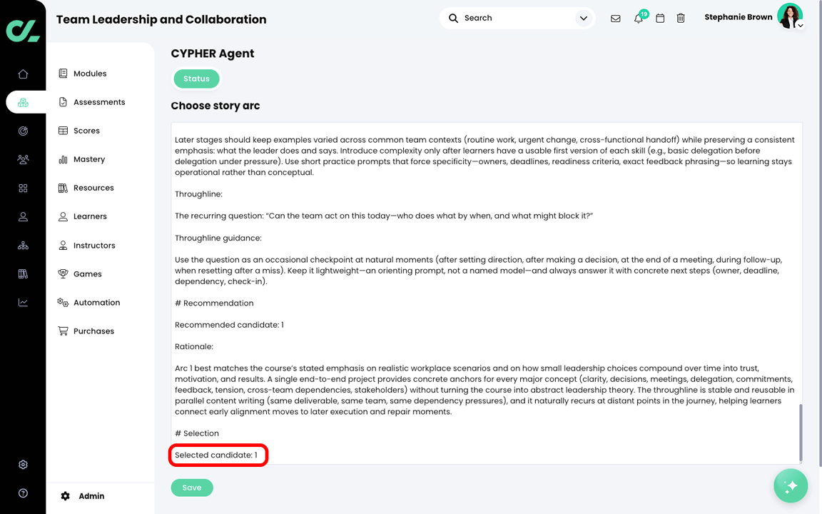 CYPHER Agent Choose story arc Markdown file in Edit mode, with the Selected candidate highlighted