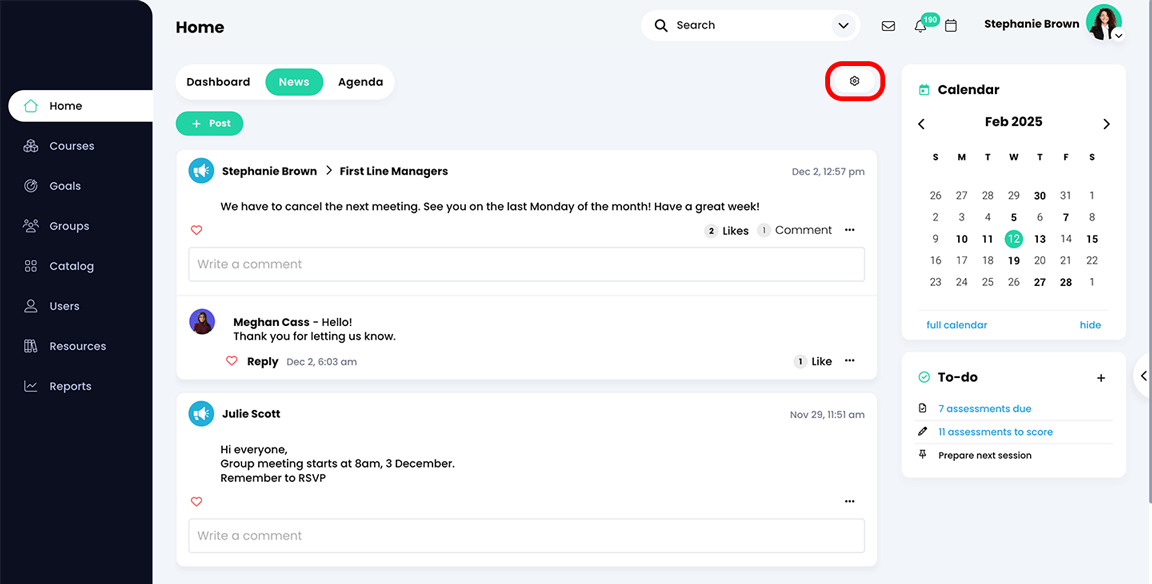 Home, News feed with the Configure icon highlighted