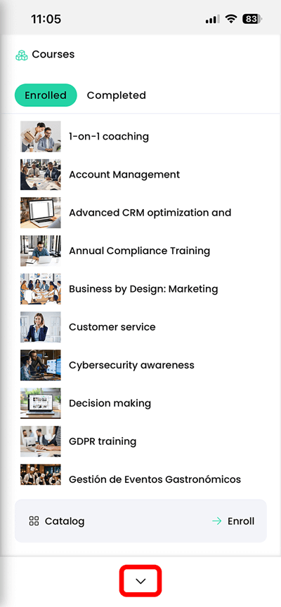 CYPHER Learning app, Courses menu with the down arrow icon highlighted