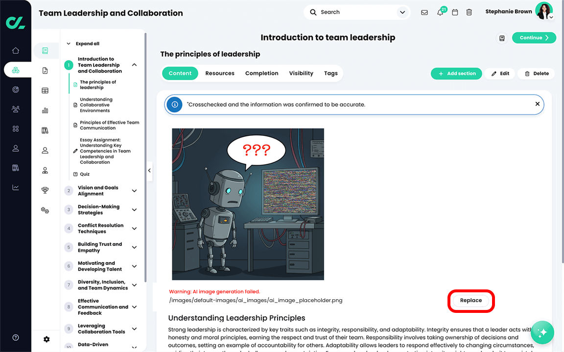 Course, Modules navigation menu open, Section content with a fallback AI image and the Replace button highlighted