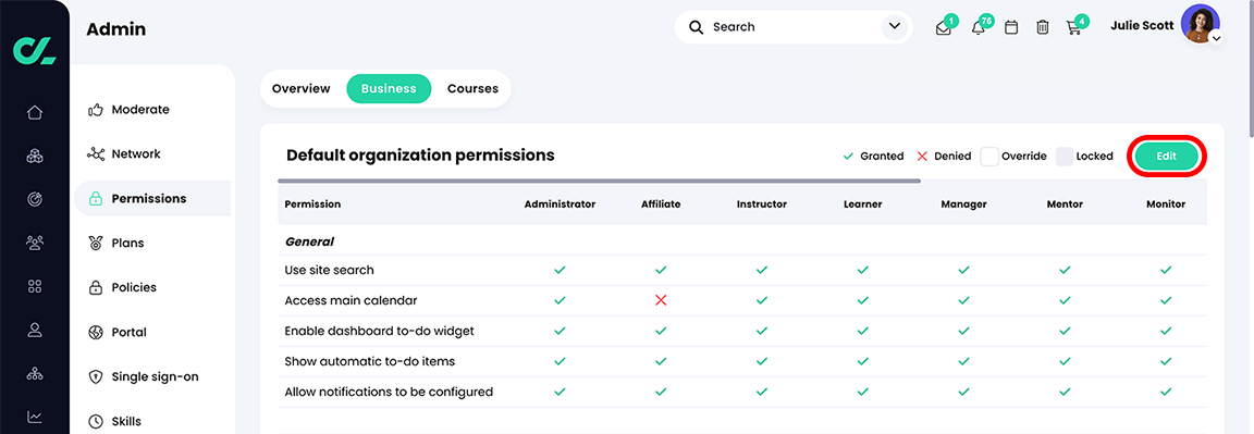 Admin, Permissions, Business tab with the Edit button highlighted