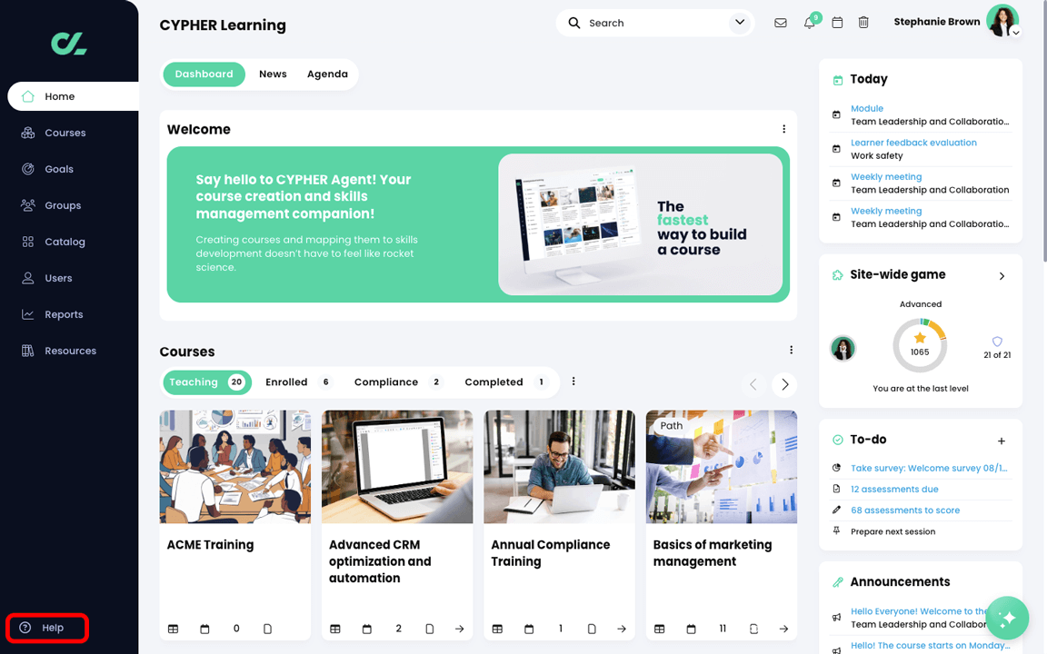 Homepage dashboard with the Help icon highlighted in the primary navigation menu