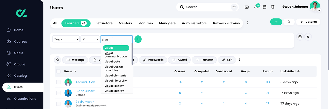 Users, Learners tab with a filter being added in the Search area