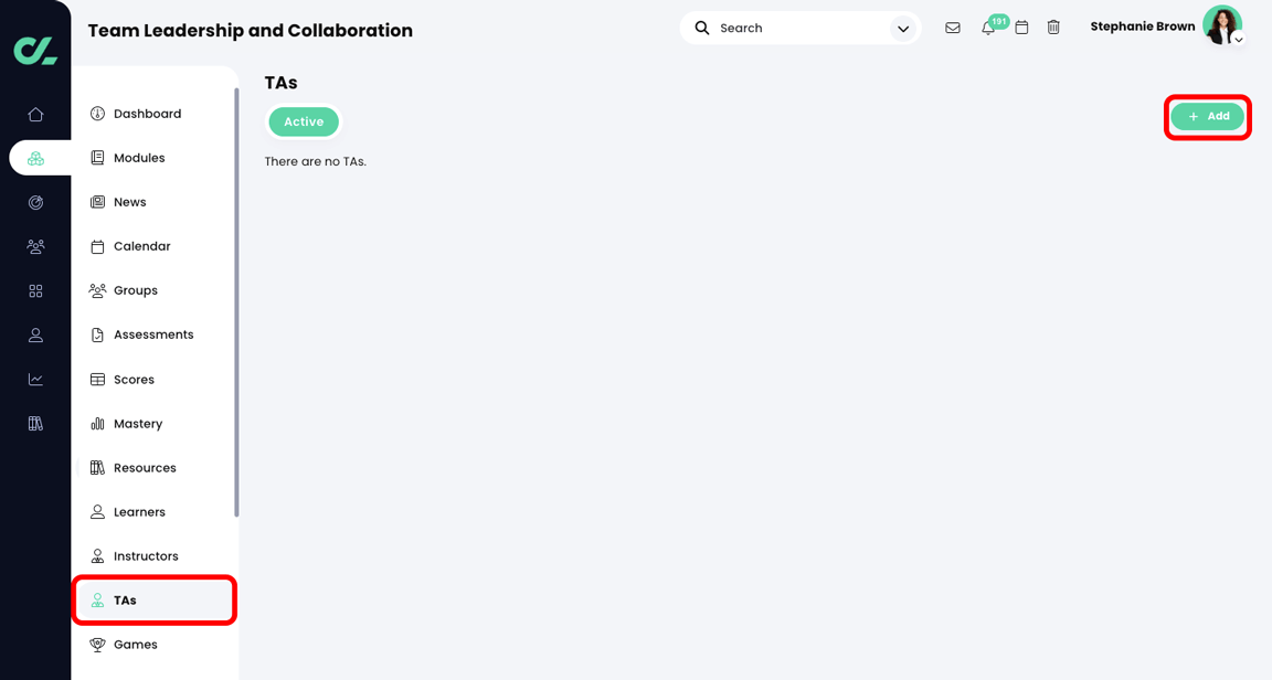 Course, TAs page with the Add button highlighted and the TAs option on the course navigation menu highlighted