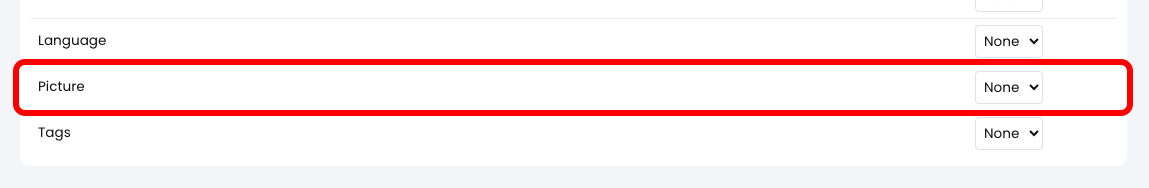 Admin, Import, Accounts tab, Picture value highlighted