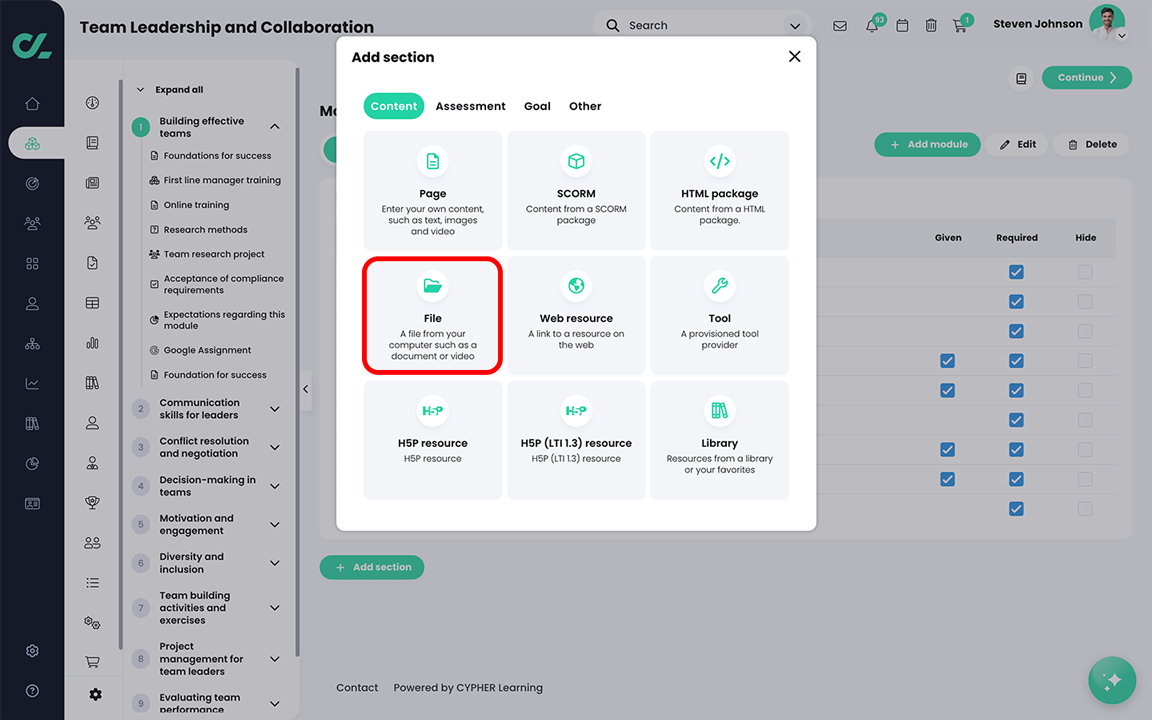 Course, Module, Add section pop-up with File highlighted