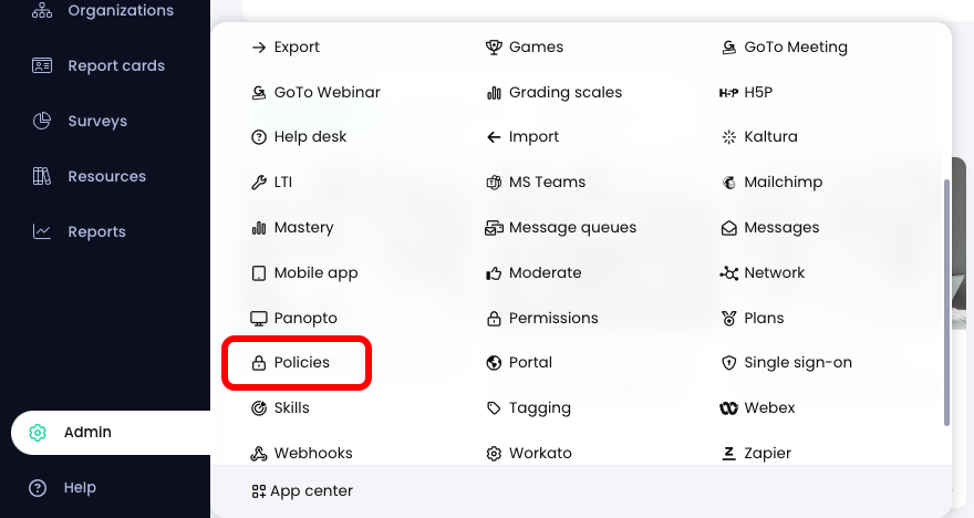 Admin menu active with Policies highlighted on the fly-out menu