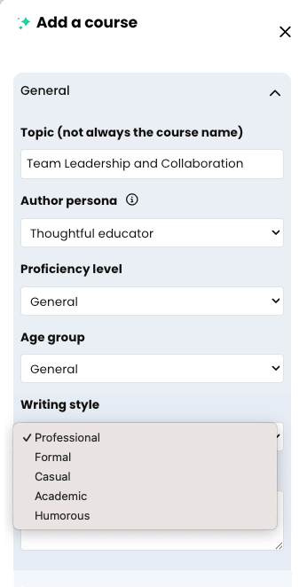 CYPHER Agent menu, General tab with Writing Style drop-down menu active and highlighted