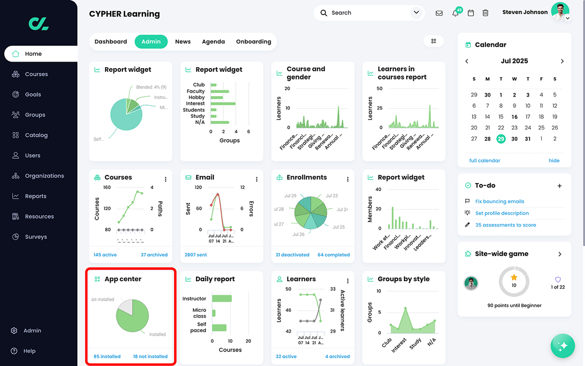 Home, Admin tab with the App center widget highlighted