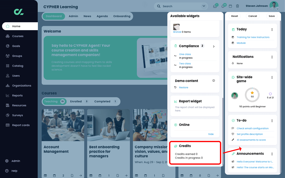 Admin edit widgets columns with the Credits widget highlighted in the Available widgets column and an arrow points at the Widgets column on the right
