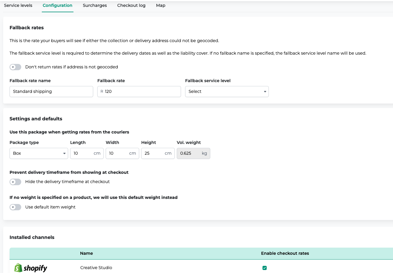 Installed sales channels for Rates at checkout
