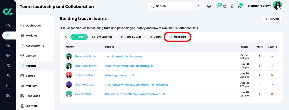 Course, Forums page with the Configure button highlighted