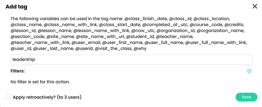Add tag pop-up with a tag example entered
