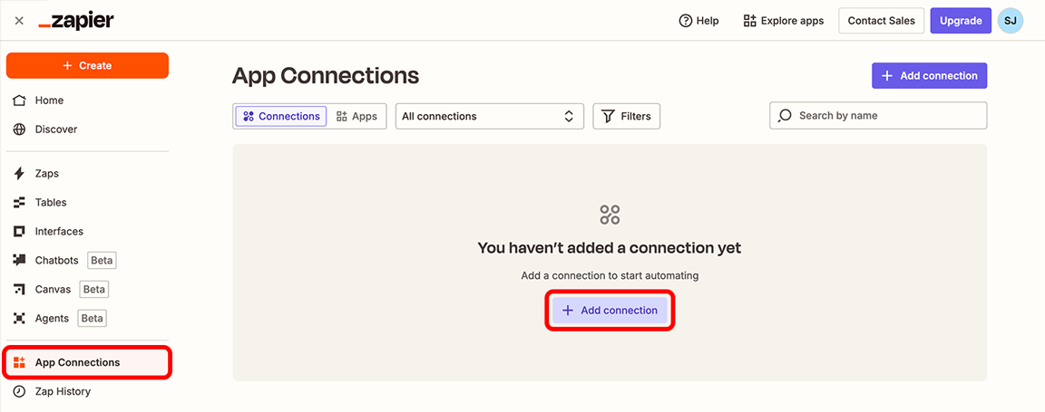 Zapier, App Connections page with the App Connections menu item and Add connection button highlighted