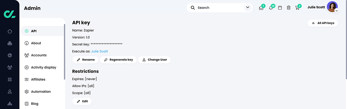 Admin, API with a Zapier API key set up