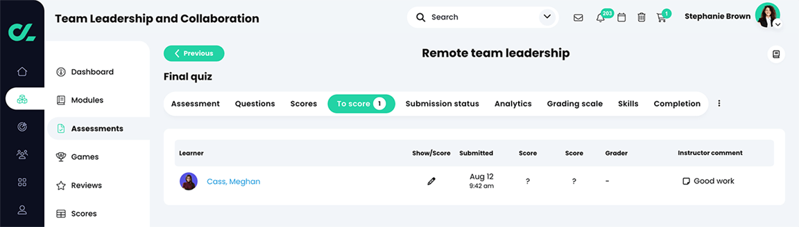 Course, Assessments, Quiz, To score tab