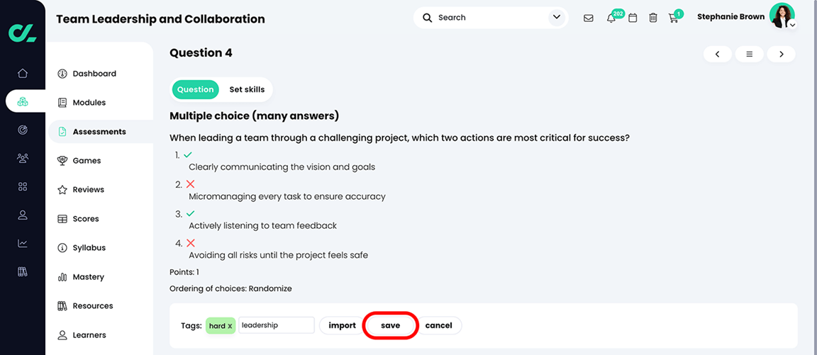 Course, Assessments, Quiz, Question, Tags section with a new tag entered and the save button highlighted