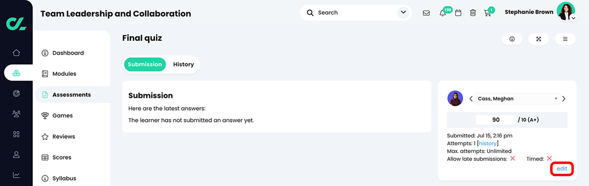 Course, Assessments, learner Submission with the edit button highlighted in the score submission widget.
