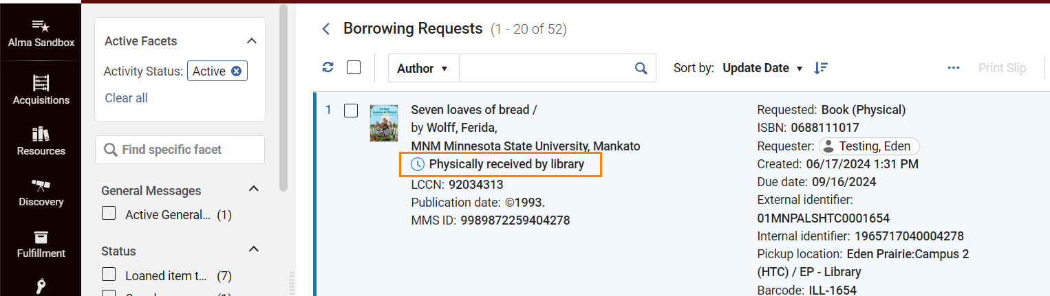 Interlibrary loan request has a status of Physically received by library