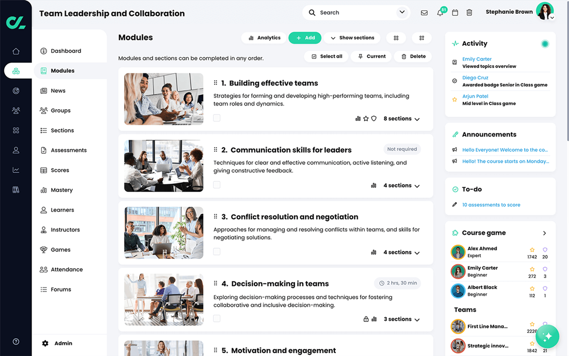 Course, Modules page in list view