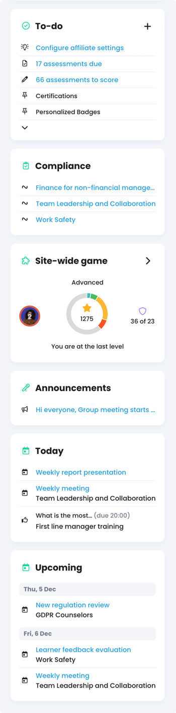 Learner home page right panel displaying the To-do, Compliance, Site-wide game, Announcements, Today, and Upcoming widgets