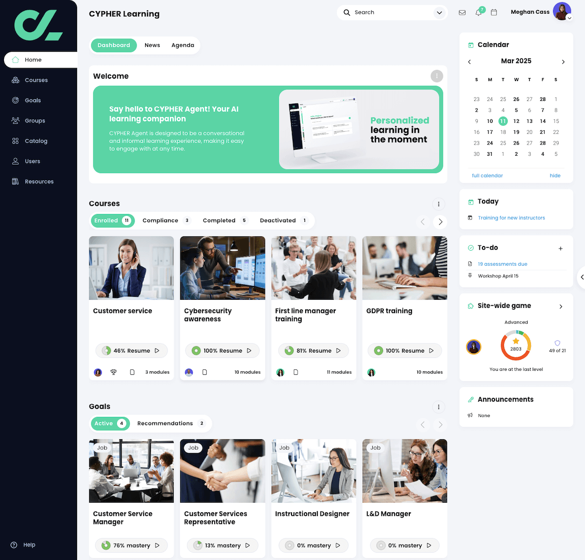 Learner home page dashboard