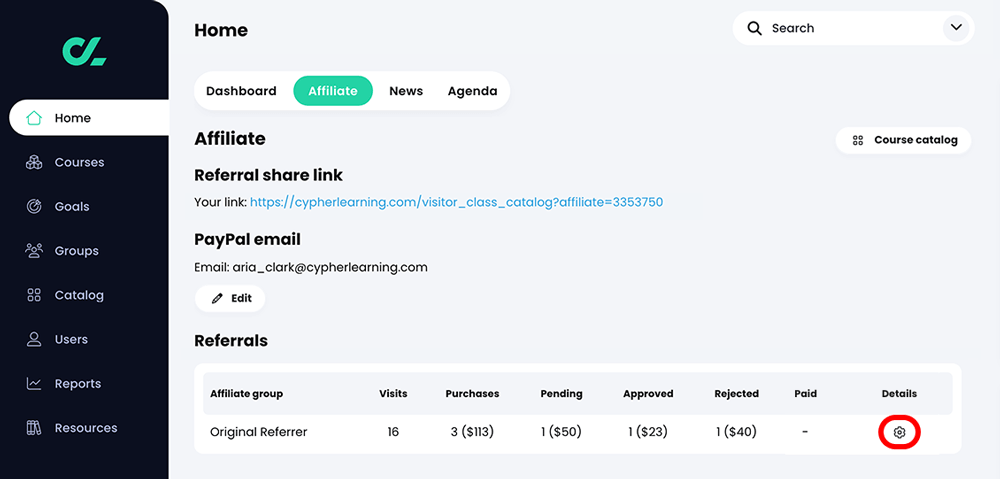 Home, Affiliate dashboard with the Details icon highlighted in the Referrals section