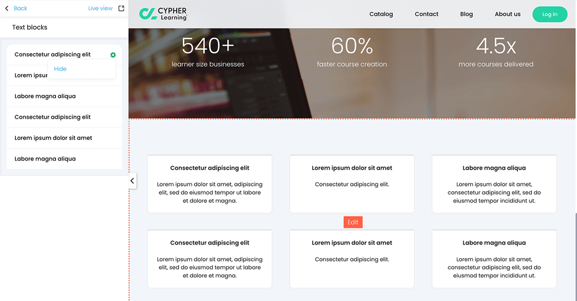 Portal visual editor, Clickable text blocks menu with the configure menu active for the first text block