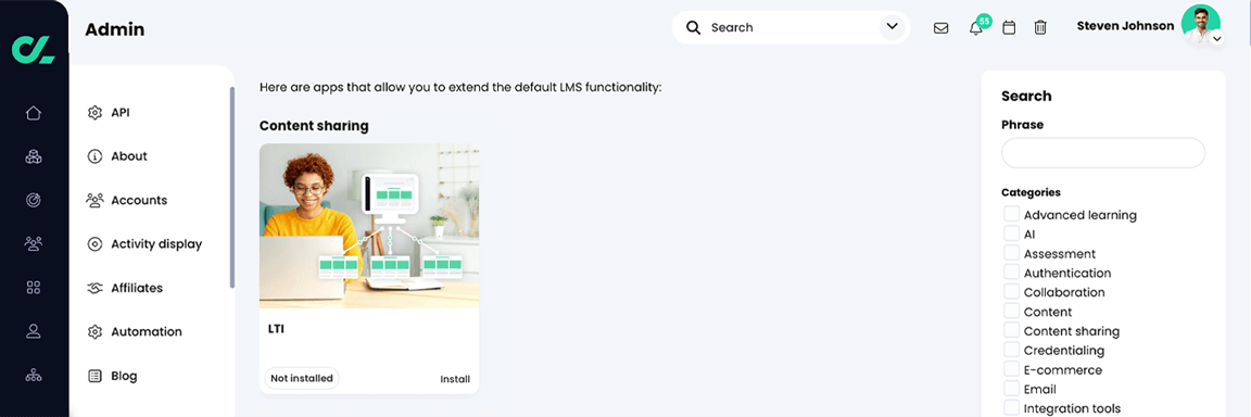 Admin, App center, LTI app in the Content sharing section