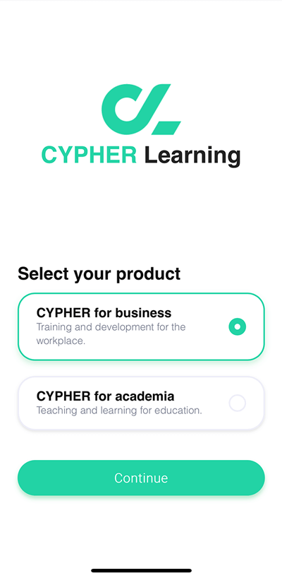 CYPHER Learning app , Select your product page with CYPHER for business selected