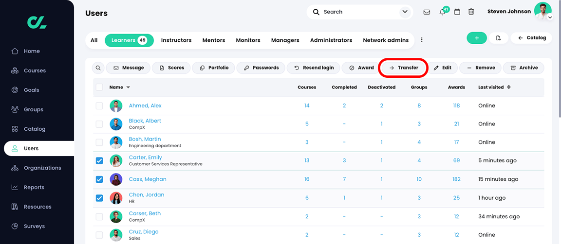Users, Learners tab with three users selected and the Transfer button highlighted