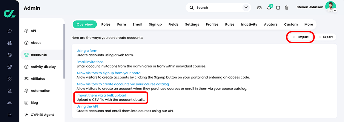 Admin, Accounts, Overview tab with the Import them via a bulk upload link highlighted and the Import button highlighted