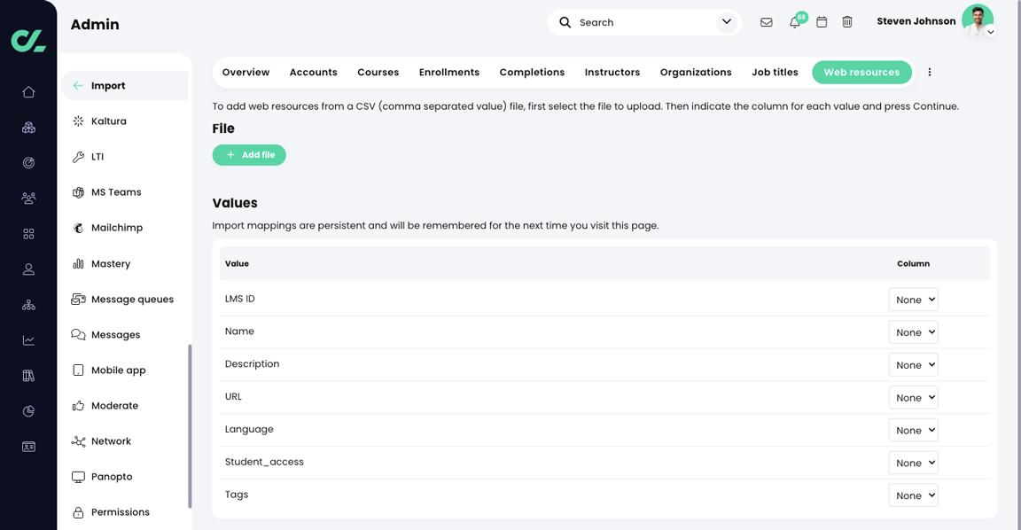 Admin, Import, Web resources tab 