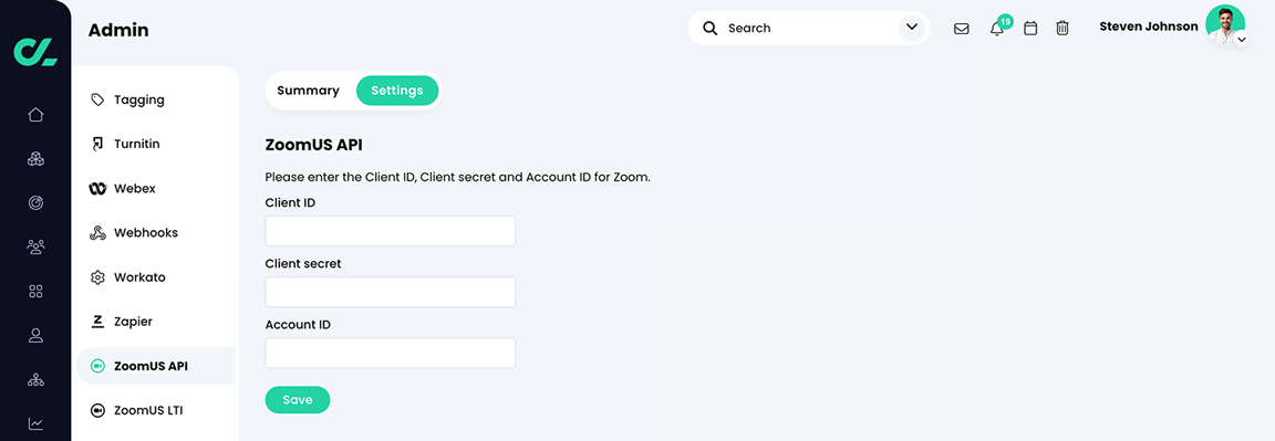 Admin, ZoomUS API, Settings tab