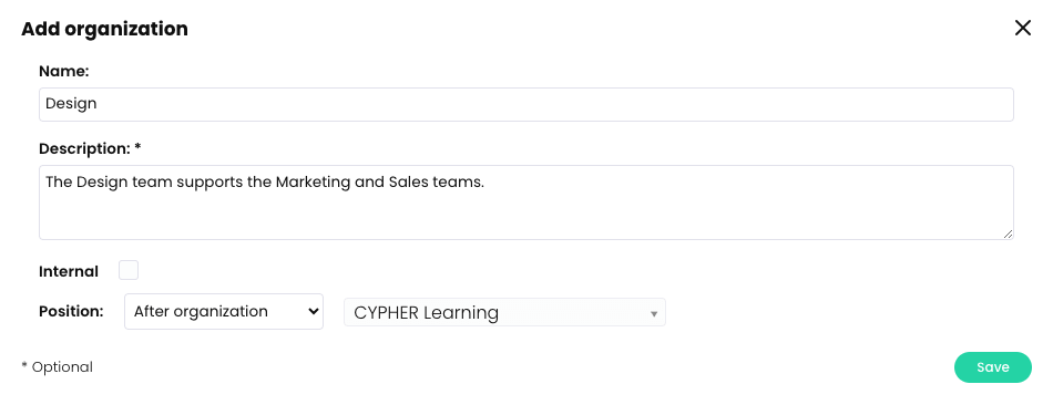 Add organization pop-up with examples of an organization Name, Description and Position