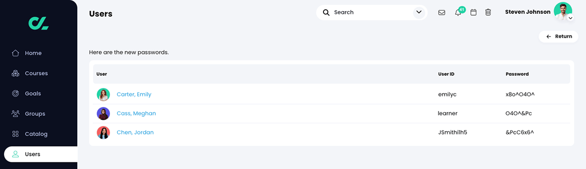 Users, with three users passwords reset