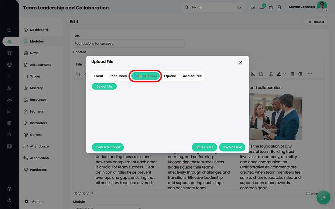 Ein Popup-Fenster zum Hochladen von Dateien zeigt eine Registerkarte mit einer Liste der Google Drive-Dateien an.