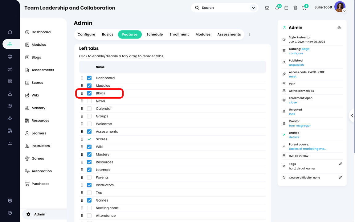 Course, Admin, Features page with the Blog feature selected