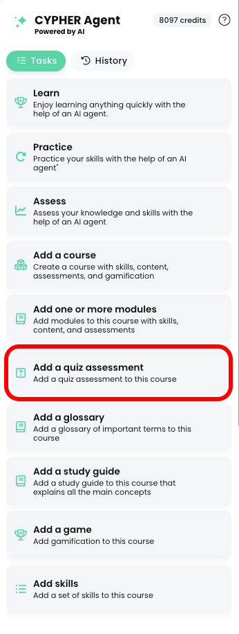 CYPHER Agent menu, Add a quiz assessment highlighted