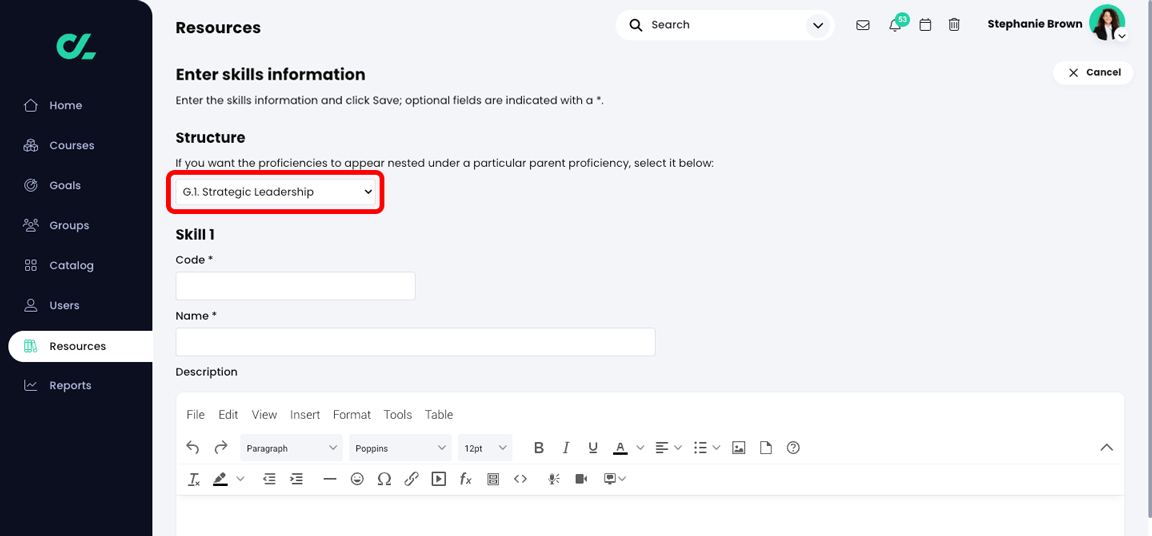 Resources, Enter skills information page for a child skill with the Structure drop-down highlighted