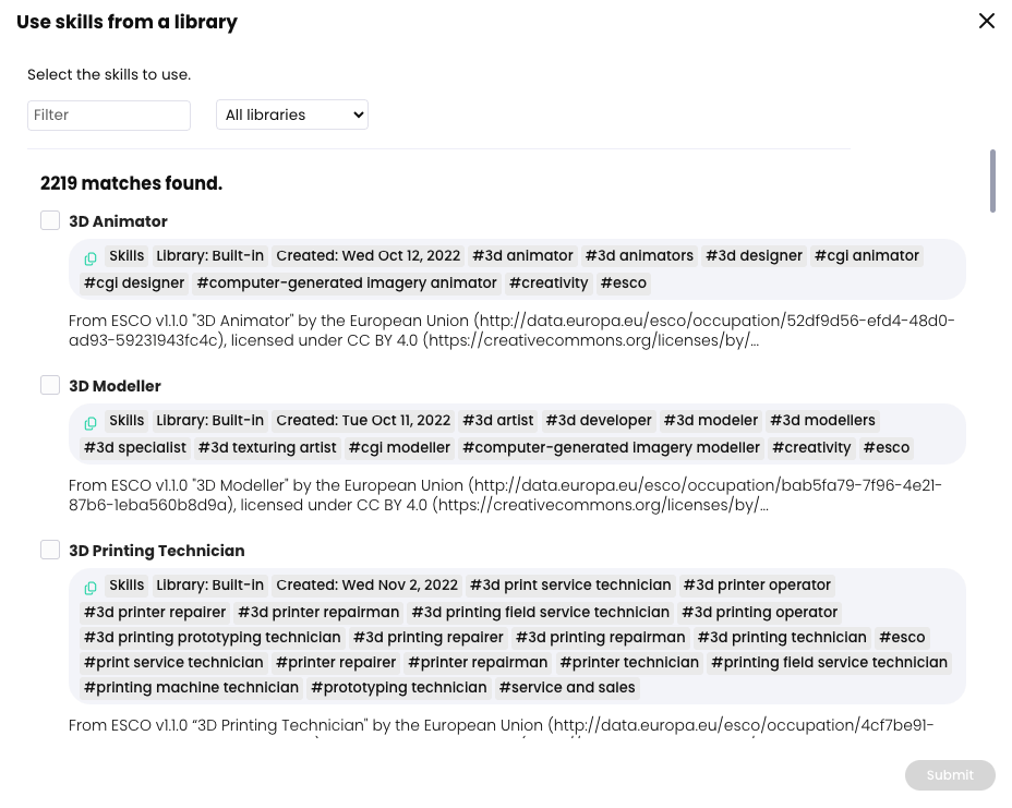 Use skills from a library pop-up