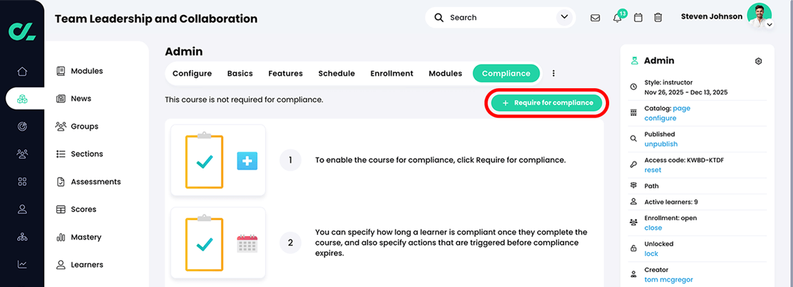 Course, Admin, Compliance tab with the Require for compliance button highlighted