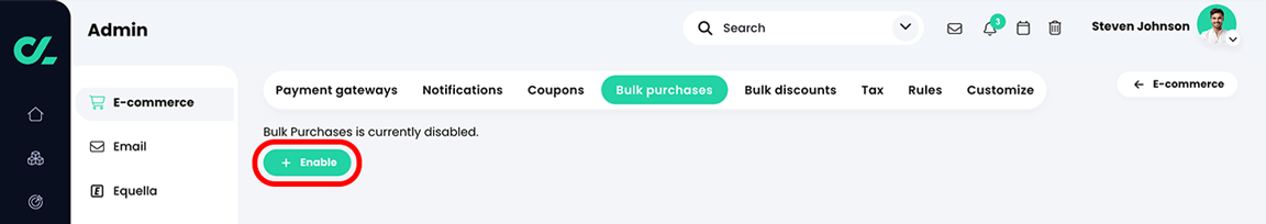 Admin, E-commerce, Bulk purchases tab with the Enable button highlighted