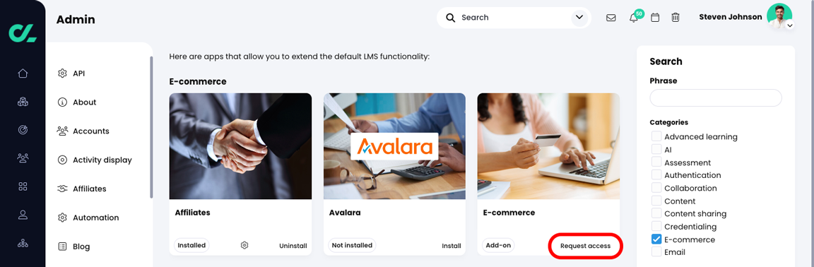 Admin, App center with the Request access button highlighted on the E-commerce tile