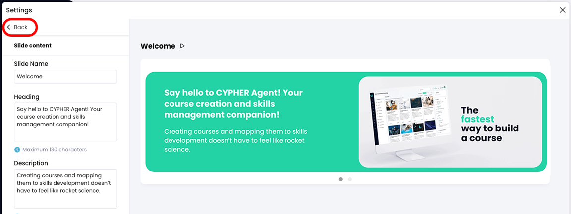 Banner widget, Settings pop-up with the Back button highlighted