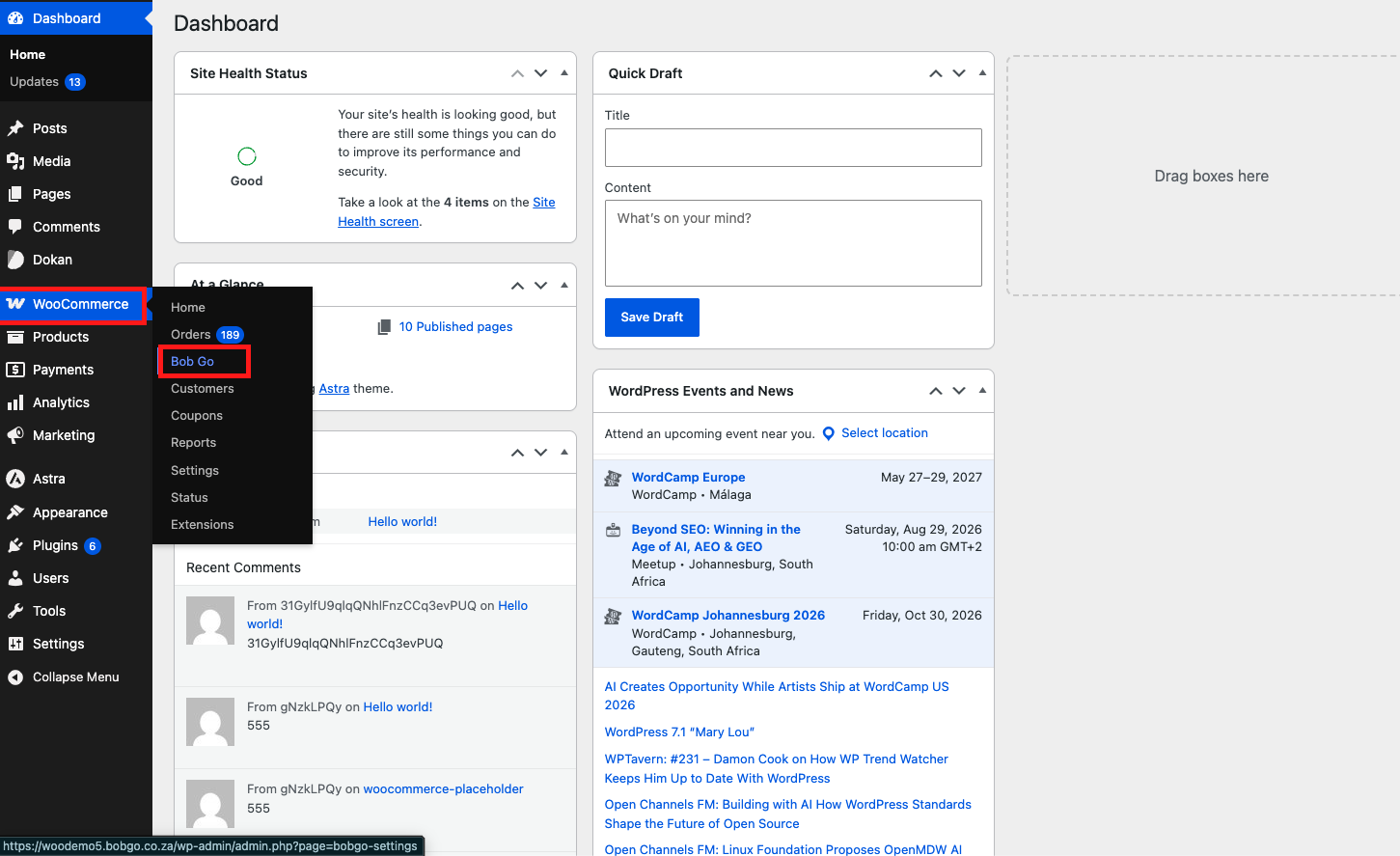 Open the Bob Go settings in WooCommerce
