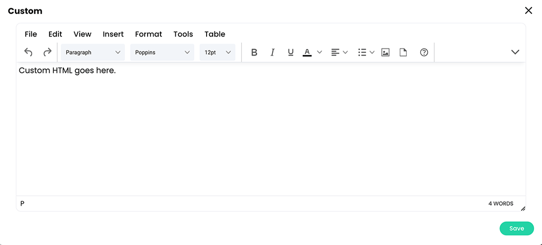 The Custom panel pop-up displaying the HTML editor