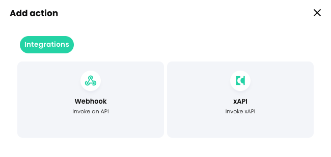 Add action pop-up, Integrations tab