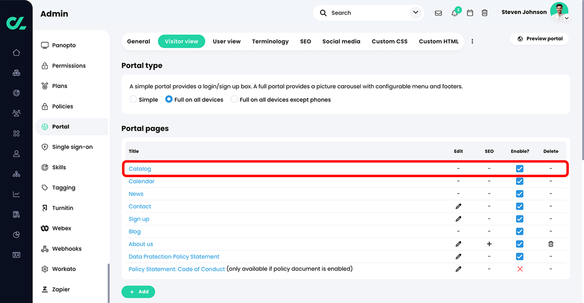 Admin, Portal, Visitor view tab with the Catalog page highlighted in the Portal pages section